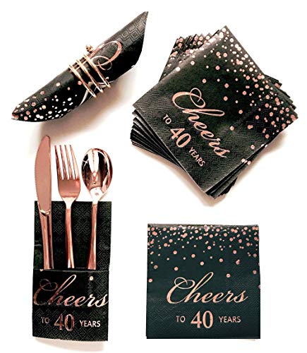 Rose-Gold-Foil-Cocktail-Napkins-with-Cheer-40-Years-Folded-5-x-5-Inches-Disposable-Party-Napkins-3-Ply-Paper-Beverage-Napkins-for-40th-Birthday-Decorations-Wedding-Anniversary-Retirement-Black