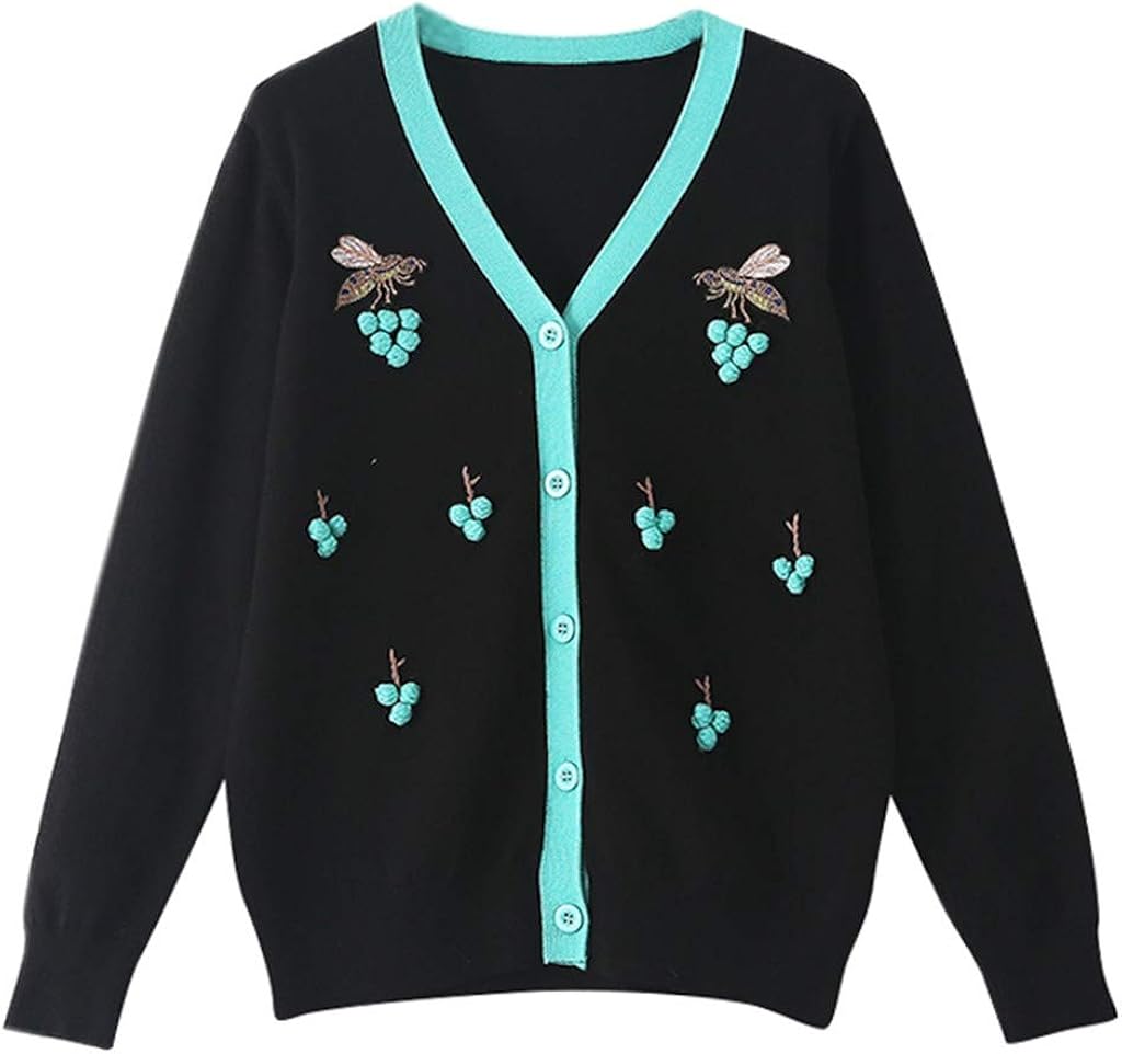 AOJIAN Women 2019 Autumn Winter Casual Graffiti Print Long Sleeve Knit Sweater Cardigan at 