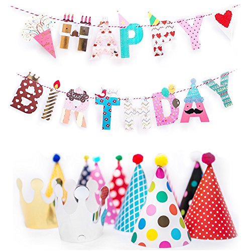Fun and colorful gold foiled happy birthday banner flag…