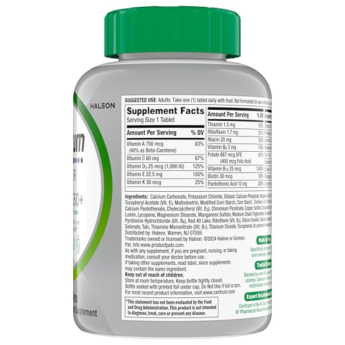 CENTRUM SILVER MULTIVITAMIN FOR ADULTS 50 PLUS, MULTIVITAMIN/MULTIMINERAL SUPPLEMENT, VITAMIN D3, B VITAMINS, GLUTEN FREE, NON-GMO INGREDIENTS, SUPPORTS MEMORY AND COGNITION IN OLDER ADULTS – 220 CT