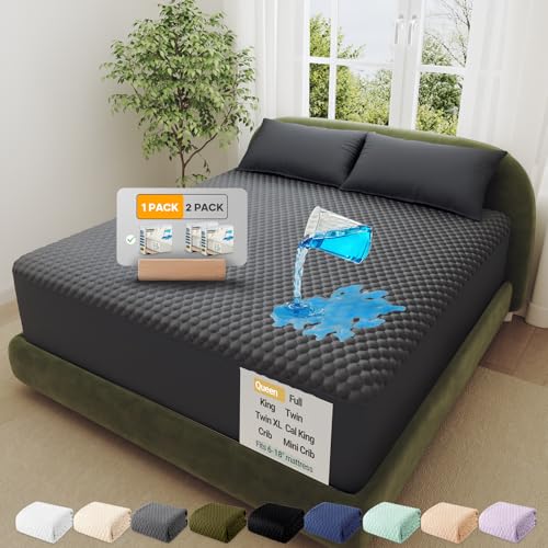 OhGeni 100% Waterproof Mattress Protector, Queen-Gray Size Mattress Pad, Fits 6"-20" Mattresses with Deep Pocket, Cooling, Breathable Fitted Sheets, Soft Bed Cover, Noiseless, Machine Washable Image