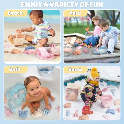 Dreamon Children's Beach Games, 18 Pieces Beach Games with Bucket Beach Children Folding Shovel Bag Net Games Beach