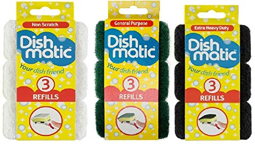 Dishmatic 9 x Mixed Sponge Scourer Replacement Refill Head (3 Non Scratch, 3 Heavy Duty, 3 Extra Heavy Duty)
