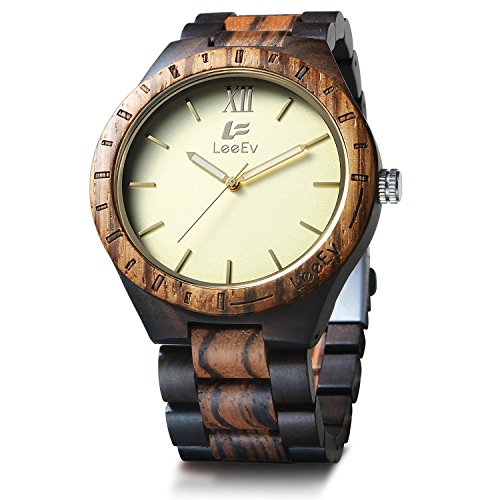 LeeEv EV1001 Mens Natural Black & Zebra Sandal Wood Analog Quartz Light Weight Vintage Wooden Wrist Watch (Gold)