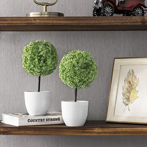 MyGift Tabletop Artificial Topiary Indoor Decor, Fake Plants Faux Green Boxwood Ball Tree with White Planter Pots, Set of 2