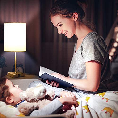 Touch Control Table Lamp, 3-Way Dimmable, 2 USB Fast Charging Ports, Bedside Nightstand Lamp With TC Cloth Shade for Bedroom, Living Room, Dorm, Office, 60W Equivalent E26 LED Bulb Included(Gold)