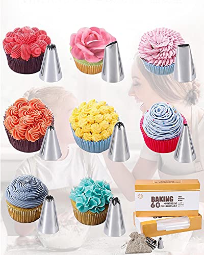 AYOTEE Disposable Anti-Burst Piping Bags and Piping Tips,60 PCS 12 inch icing bags and 8 PCS Icing Tips,Cupcake Piping bags and Tips，Cupcake Piping Set for Baking Cupcake, Cookies and Cake Decorating