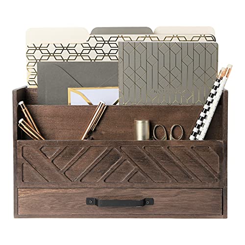 Blu Monaco Brown Wood Desk Organizer with Drawer Bill Mail Storage