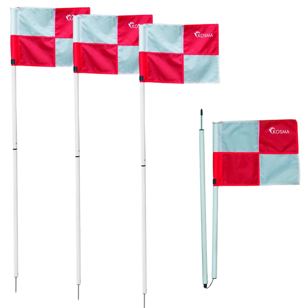 Kosma Set of 4 Half Folding Red & White Corner Flags with white pole | Football Training Corner Flags | Folding Corner Flags | Side Line Soccer Flags | 5 Ft x 25 mm
