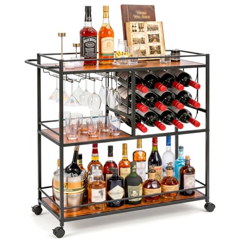 Carrito Organizador con Ruedas,Carrito Auxiliar,Carrito de Servicio Tipo Bar,Mueble Cantina Bar para Casa de 3 Niveles,Ruedas Bloqueables,para 12 Botellas y Copero,Multiusos para Cocina,Sala y Fiestas