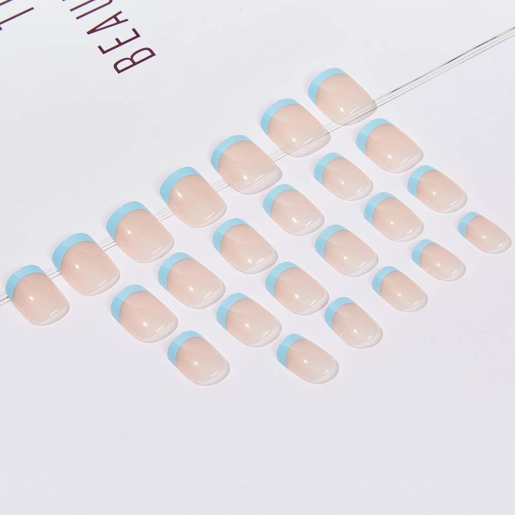 RikView Press on French Tip Nails Oval Tips Glossy Fake/ False Nails with Design Full Cover Acrylic Nails (Blue) - Image 3