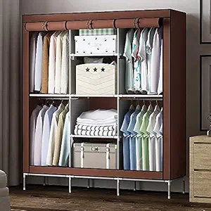 Lukzer Cloth Wardrobe for Bedroom 8 Shelves Storage Organizer/Multipurpose Non-Woven Fabric Closet Rack for Storing Clothes Toys Books Home Decor Hostel Room Organizer (Brown/ 130 x 45 x 175 cm)