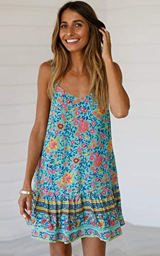 ECOWISH Damen Kleider Boho Vintage Sommerkleid V-Ausschnitt A-Linie Minikleid Swing Strandkleid mit Gürtel – Bild 3