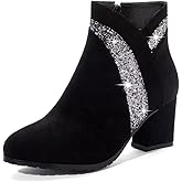 gongxifacai Woman Fashion Block Chunky Heel Ankle Booties Round Toe Side Zipper Dress Boots