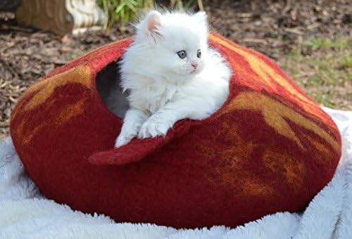 Best Cat Cave Bed, Unique Handmade Natural Felted Merino Wool, Large Covered and Cozy, Also Perfect for Kittens, Includes Bonus Catnip, Original Cat Caves, By Earthtone Solutions (Red)