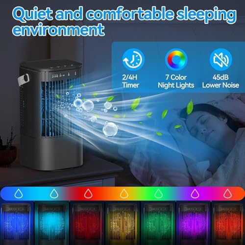 Aire Acondicionado Portátil, 4 en 1 Mini Enfriador de Airecon Tanque de Agua 1000ml luz de atmósfera de 7 colores, Mini AC Personal con temporizpara dormitorio, escritorio, casa, oficina (Negro)