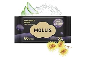 MOLLIS Flushable Wipes for Adults, Extra Large Unscented Wet Wipes with Witch Hazel & Vitamin E, Gentle for Sensitive Skin, 1