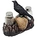 Bone Chilling Raven on Human Skull Salt and Pepper Shaker Set with Decorative Display Stand Figurine for Scary Halloween Decorations or Medieval & Gothic Kitchen Table Decor As Spooky Fantasy Gifts