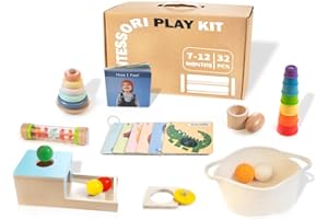 WOODMAM Montessori Toys for Babies 6-12 Months, 9 in 1 Educational Wooden Toys Set, Includes Object Permanent Box, Stacking Cups, Mirror Puzzle, Ring Stacker and More