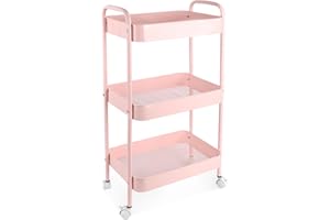 Ufriandz 3 Tier Rolling Cart Organizer, Metal Utility Cart on Wheels, Mobile Shelving Storage Organizer Trolley with 4 Hooks for Bathroom Laundry Room Kitchen, Pink