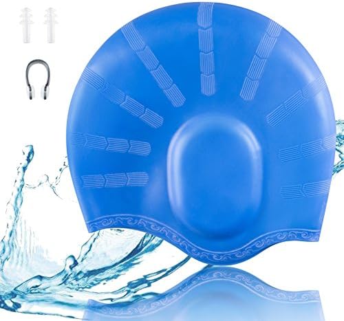 Ssking Swim Cap Keeps Hair and Ear protector -100% Silicone with Nose Clip &amp;Ear Plugs for Women and Men (Blue)