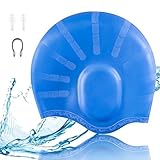 Ssking Swim Cap Keeps Hair and Ear protector -100% Silicone with Nose Clip &Ear Plugs for Women and Men (Blue)