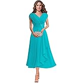 Monvelli Women's V Neck Beading Mother of The Bride Dresses for Wedding Lace Appliques Tea Length Pleated Formal Evening Gown