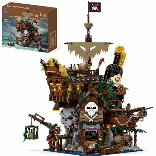 PAN TASY Pirate Tavern Building Set, Modular Wreck Architecture with Terrace Bar, Giant Rum Bottle - Adult Nautical Blocks Kit