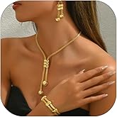 NOVYRA Gold Long Choker Necklace Set 18k Gold Plated Pendant Earrings Necklace Bracelet Set Simple Fashion Chain Jewelry Set For Women