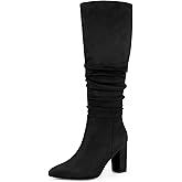 Perphy Wrinkled Pointed Toe Chunky Heel Knee High Boots for Women