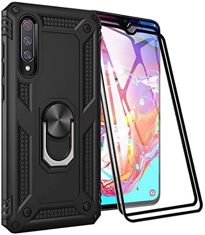TANYO Case+2 Pack 9H Tempered Glass Screen Protector Suitable for Xiaomi Mi A3, [Ring bracket Magnetic Car Mount Series] Heavy Armor TPU + PC Military Anti-drop Case, Black
