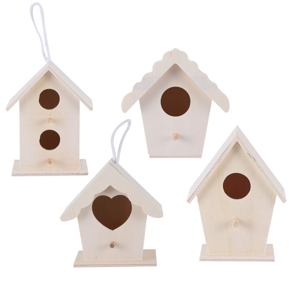 EXCEART 4Pcs Wooden Bird House Hanging Nest Ornament Unfinished Bird Box Figurine Garden Desktop Pendant Decor for DIY Photo Prop Micro-landscape (Wood Color)