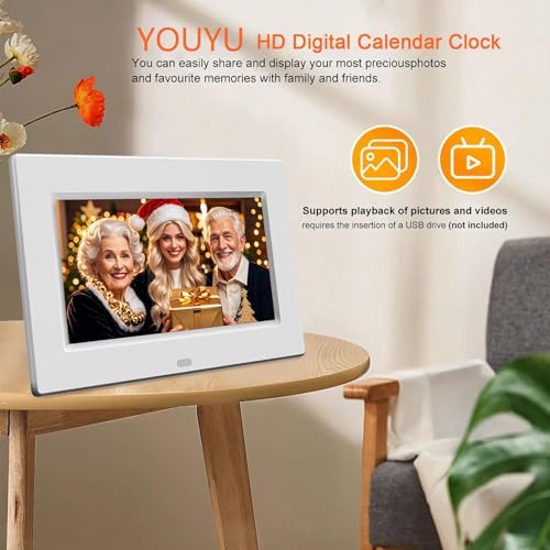 Youyu 7" Dementia Clock for Dementia Sufferers, Digital Calendar & Digital Alarm Clock for Elderly, Dementia Clocks with Days Dates and Time of Day, Remote & HD Picture Frame, White