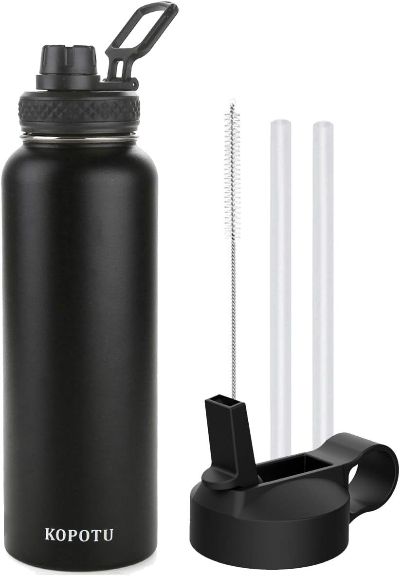 KOPOTU Stainless Steel Vacuum Flask, Wide Mouth Water Bottle with Straw Lid and Spout Lid (Double Wall, BPA Free, Leak Proof, Sweat Free)