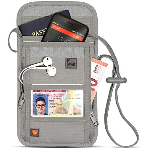 Lewis N. Clark RFID Blocking Stash Neck Wallet, Travel Pouch + Passport Holder for Women & Men, Gray