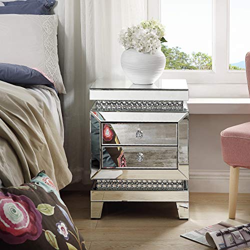 MIREO Mirrored Nightstand, Crystal End Table with 2Drawers, Mirror