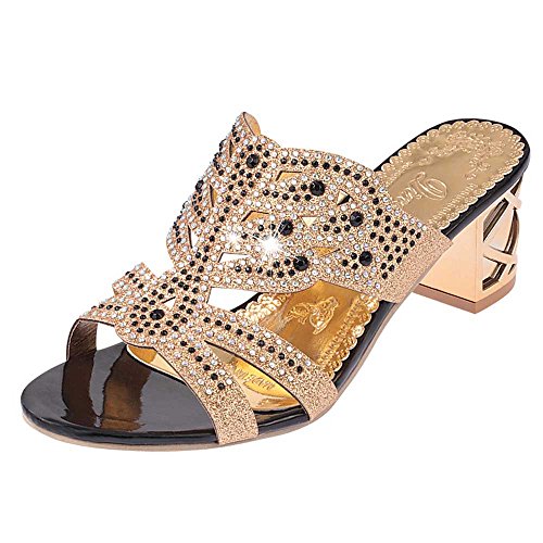 Respctful ♪☆ Winter Women's Fashion Rhinestone Slippers Open Toe Shoes Chunky Heel Ankle Slippers Black - Thumbnail 6