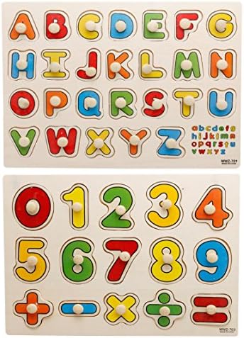 Yoyolala Wooden Peg Puzzles, Early Education Wood Puzzle Toy Kindergarten Teaching Toys (Set of 2)–Numbers and Alphabet