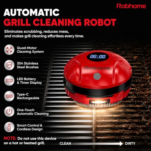 Grill Cleaning Robot, Electric Grill Brush with 4 Heads, 304 Stainless Steel Rotary Brush, Cordless Rechargeable BBQ Cleaner, 150Mins Runtime, 380 RPM, Automatic Grill Cleaner for Outdoor Grill, Red