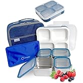 Stainless Steel Bento Lunch Box Set for Adults, Kids - Insulated Bag and Ice Pack - Leak-Proof Metal Compartment Meal Prep Food & Snack Containers for Work Travel School Daycare, 36 oz Navy Blue