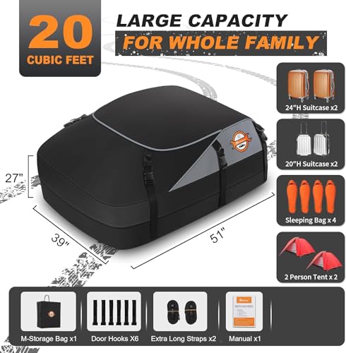 Sailnovo Foldable Car Roof Box Cubes Waterproof Storage Box Roof Bag Luggage Travel Storage Bag (6 Door Hooks, 20 CU.ft.)
