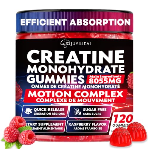 JUYIHEAL 8-in-1 Creatine Monohydrate Gummies, 8055 mg Creatine Complex Gummies for Enhanced Muscle Growth, Energy Boost - with L-Taurine, B6, Sugar Free Creatine Supplement, 120 Count, Vegan, Raspberry Flavor