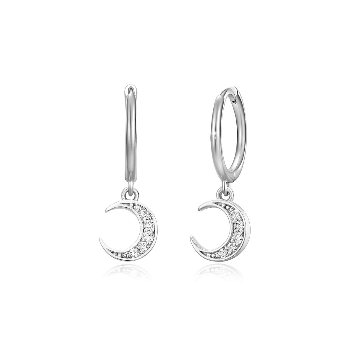 PEARLOVE Dangle Huggie Hoop Earrings, Mini Gold Plated Moon 925 Sterling Silver Small Spike Moon Dainty Earrings Cubic Zirconia for Women & Girls — image 1