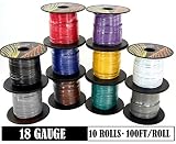 GS Power 18 Gauge Ga, 10 Rolls of 100 Feet (Total of 1000 ft) Car Audio Video Primary Remote Turn on Hook up Trailer Wire (Cable Set Color: Black Red Blue Green Brown Orange Grey Purple White Yellow)