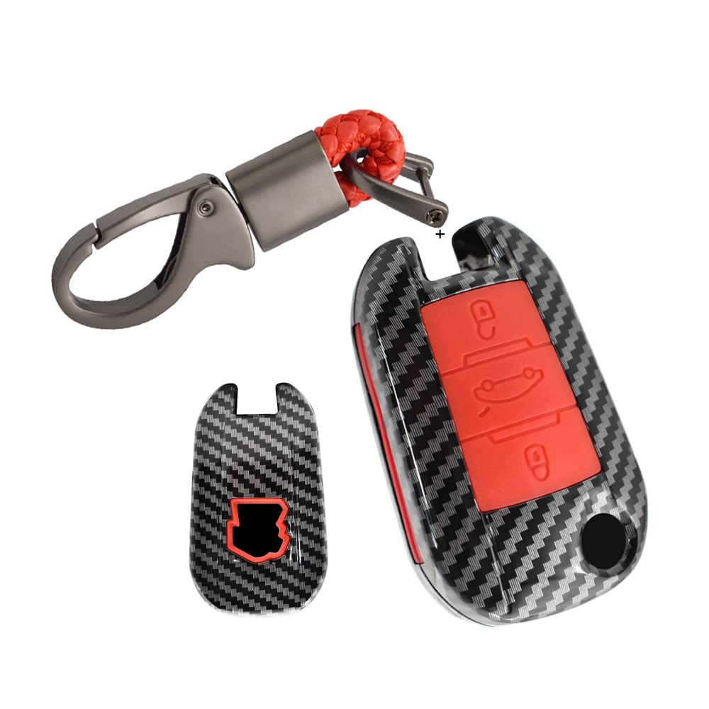 HIBEYO Car Key Case Fits Peugeot Key Case Cover for Peugeot 208-3008-308-5008-508 for Citroen DS3-DS4-DS5-C4 Flip Key Carbon Design with Silicone Protection Carbon Fibre Red