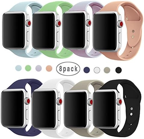 Isenxi Bands for Watch Sport Band 42mm,8 Pack Soft Silicone Sport Wrist Strap Band Replacement Wristbands for Apple Watch Series 1 Series 2 Series 3 (42mm-8pack-Small-(01))