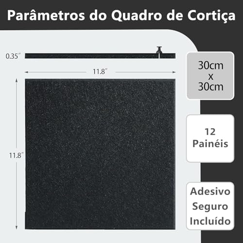 Quadro de Cortiça Feltro 120x90, GODREAM Quadro de Aviso, Mural de Recado Fotos Grande, Placa de Cortiça Autoadesivo, Organizador de Parede para Escritório, Casa, Escola, 12 peças (Preto)