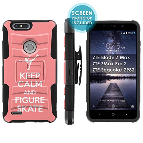 [Mobiflare] Armor Case for ZTE Blade Zmax Pro 2/ZTE Sequoia [Black/Black] Blitz Armor Phone Case with Holster [Screen Protector INCLUDED] - [Keep Calm Ice Skate - Pink]