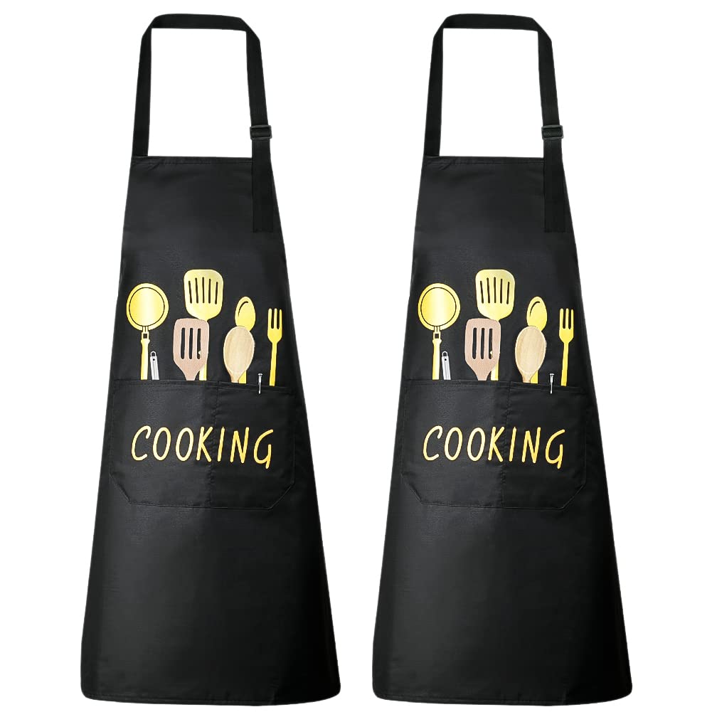 Vicloon Adjustable Bib Apron, 2PCS Unisex Waterproof Aprons with 2 Pockets, Machine Washable Cooking Kitchen Apron, Chef Women Men Aprons for Home Kitchen, Restaurant, Coffee house