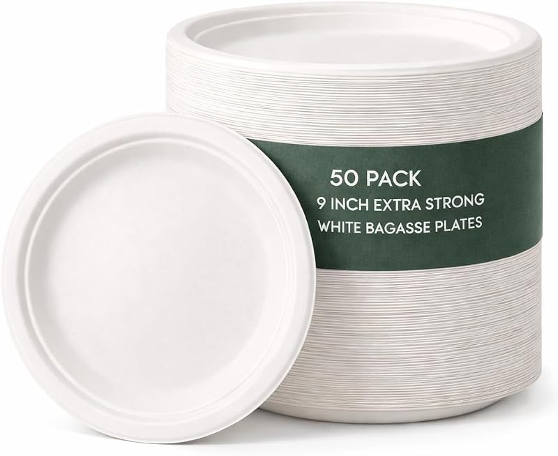 1ABOVE 50 Pack Extra Strong White Disposable Bagasse Plates 9 inch